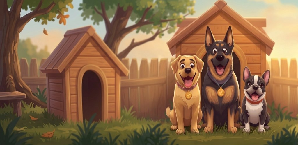 Three dogs sitting in front of wooden kennels in a fenced yard