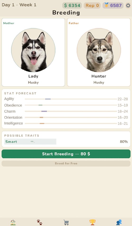 The breeding screen with a stat forecast for the expected litter