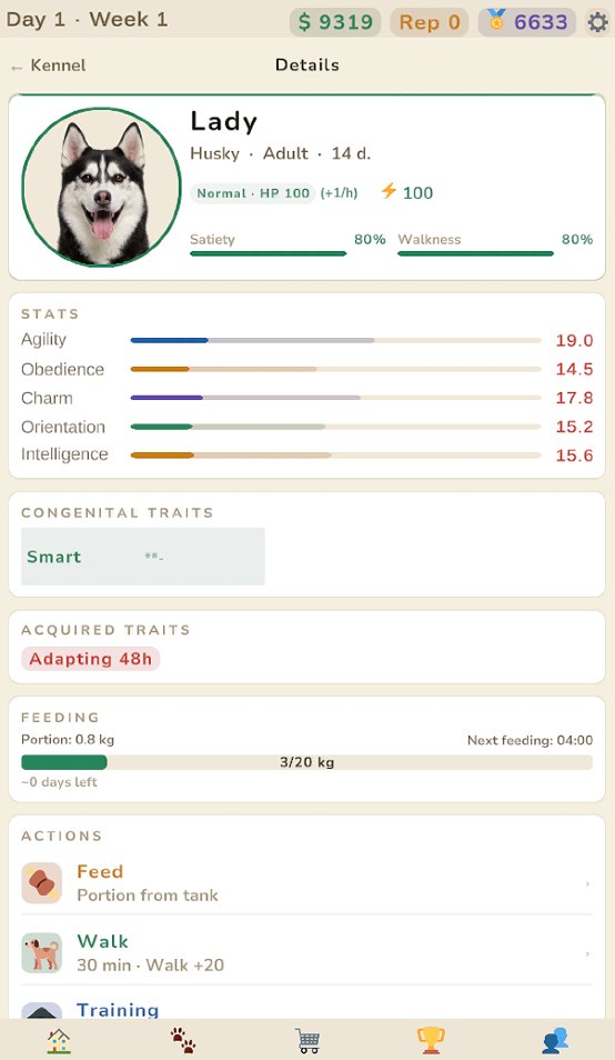 A dog's detail screen with stats, traits and available actions