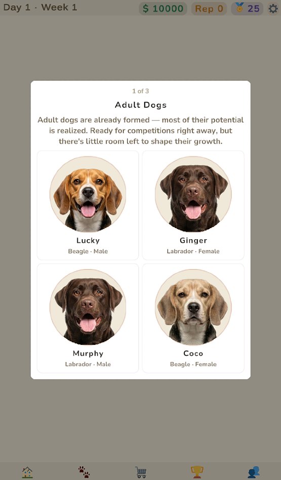 The kennel screen showing three dogs and the feed store