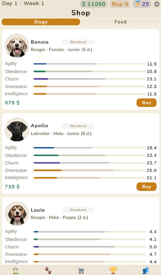 The shop screen listing dogs available to buy